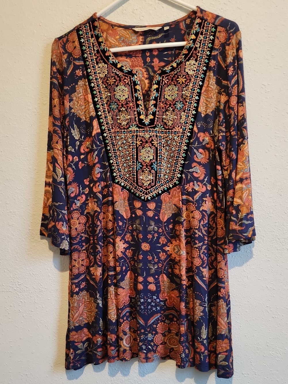 Soft Surroundings Embroidered Paisley Tunic Top Size M Boho Bell Sleeve